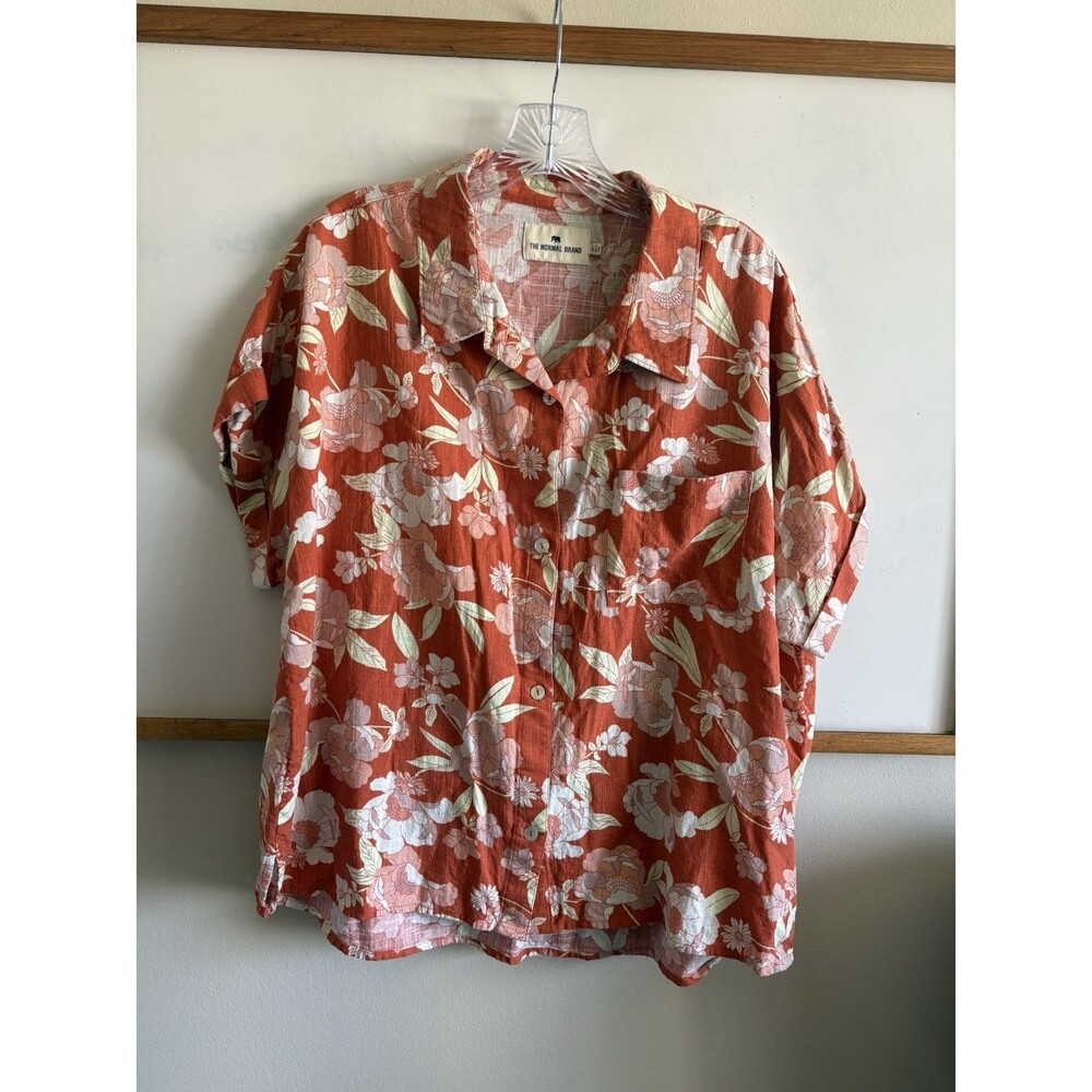 The Normal Brand Camp Shirt Womens XL Orange Floral Rayon Cotton Short Sleeve